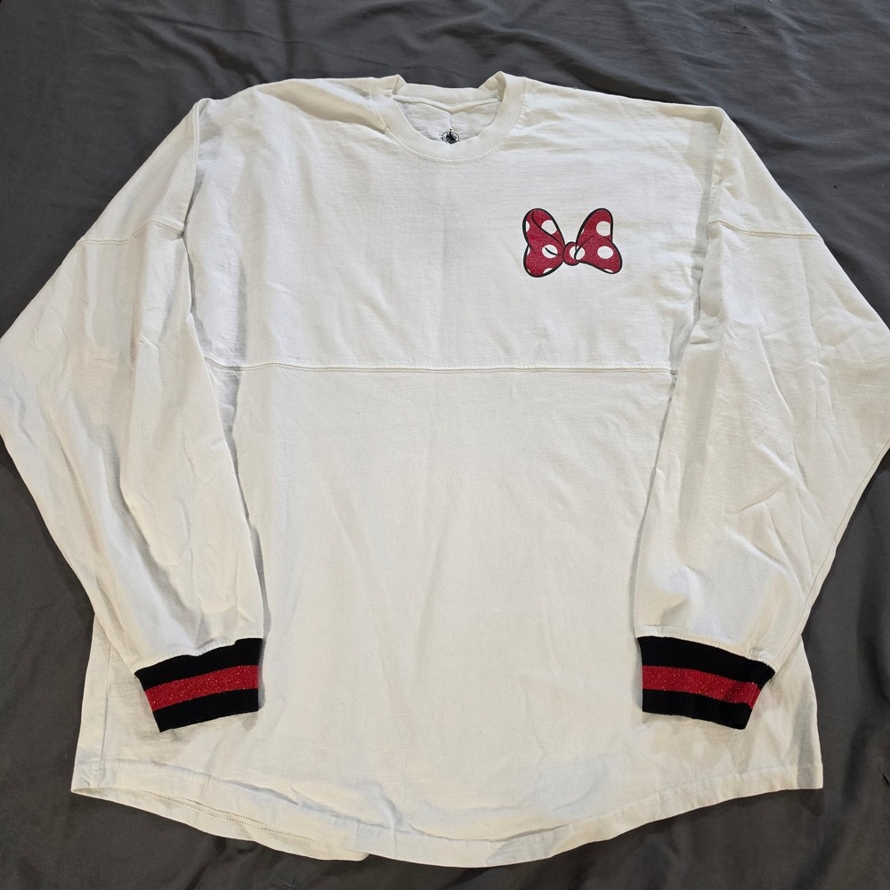 Disney Spirit Jersey Minnie Mouse White Red Glitter Long Sleeve Shirt Large